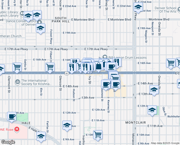 map of restaurants, bars, coffee shops, grocery stores, and more near East Colfax Avenue & Ivy Street in Denver
