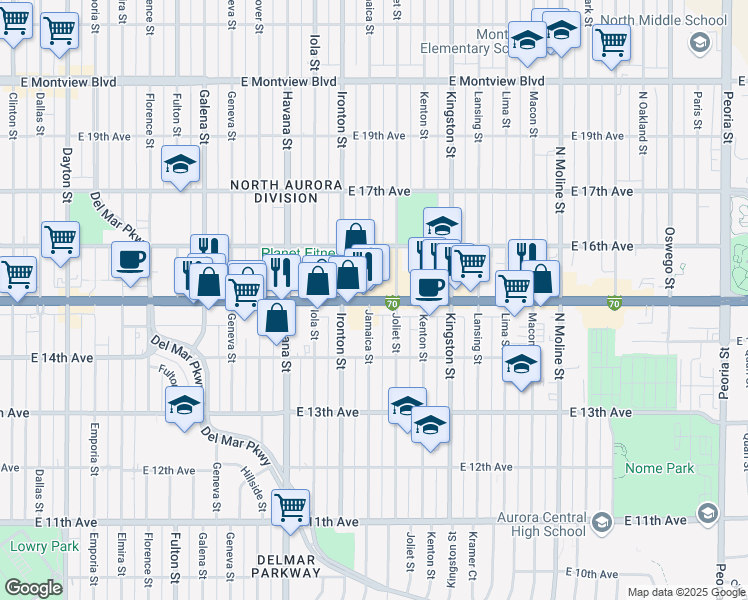 map of restaurants, bars, coffee shops, grocery stores, and more near 1480 Jamaica Street in Aurora