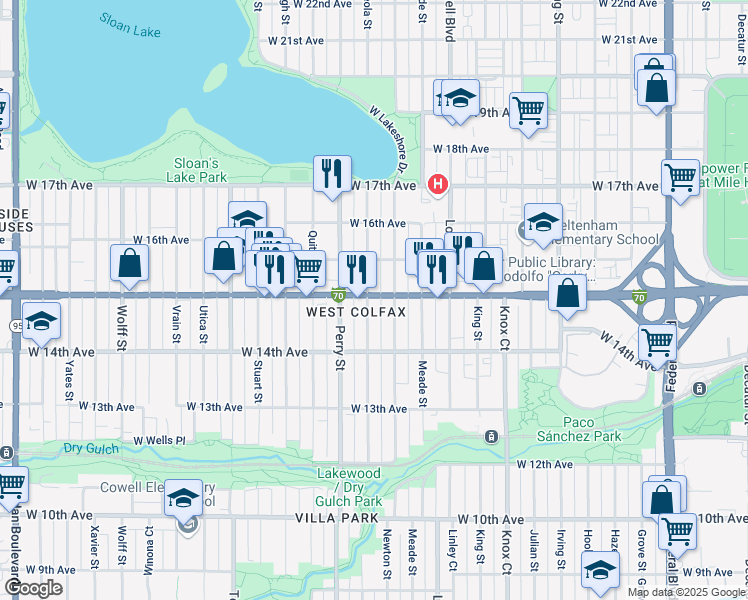 map of restaurants, bars, coffee shops, grocery stores, and more near 1459 Newton Street in Denver