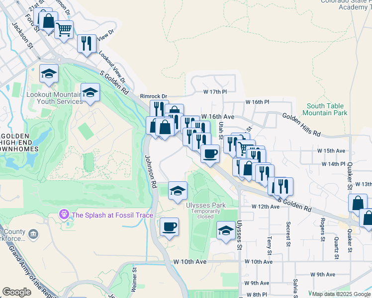 map of restaurants, bars, coffee shops, grocery stores, and more near 17300 South Golden Road in Golden