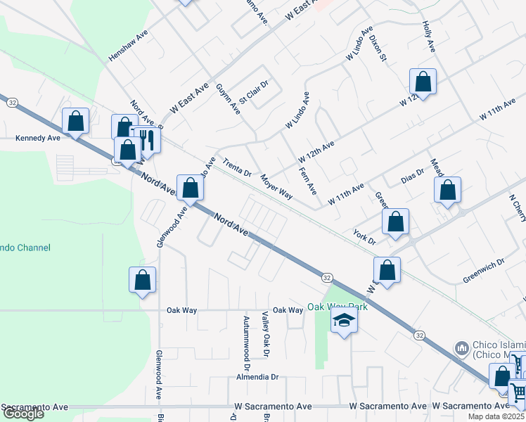 map of restaurants, bars, coffee shops, grocery stores, and more near 1332 Rossetti Lane in Chico