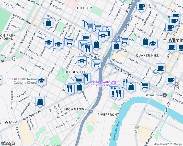 map of restaurants, bars, coffee shops, grocery stores, and more near 407 South Jackson Street in Wilmington