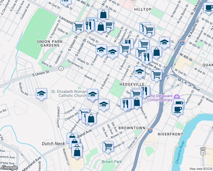 map of restaurants, bars, coffee shops, grocery stores, and more near 704 South Rodney Street in Wilmington