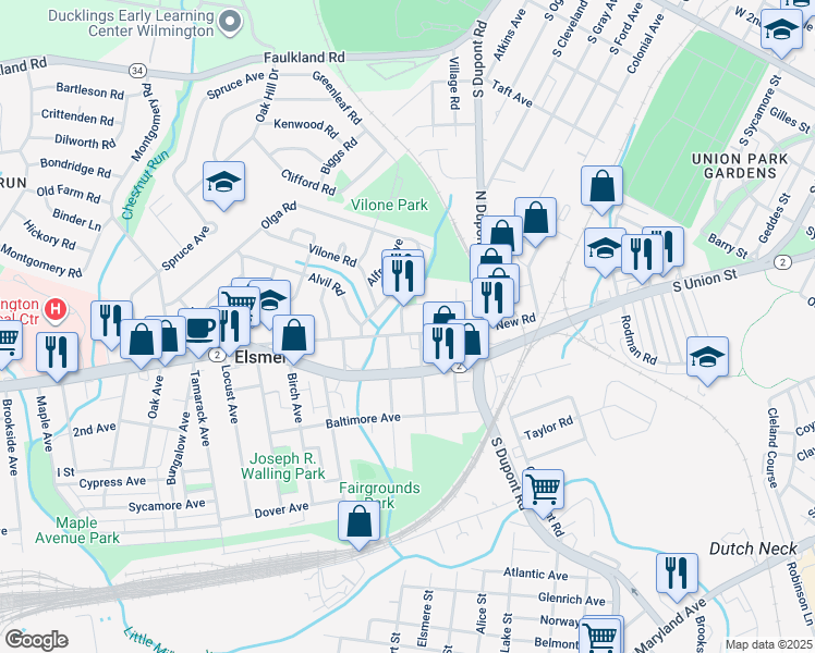 map of restaurants, bars, coffee shops, grocery stores, and more near 606 New Road in Wilmington