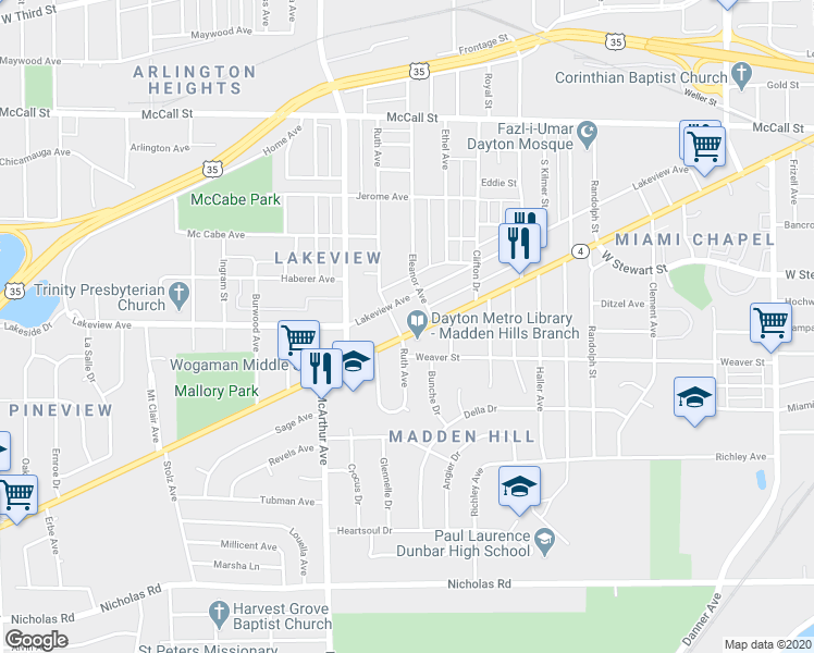 map of restaurants, bars, coffee shops, grocery stores, and more near 2604 Germantown Street in Dayton