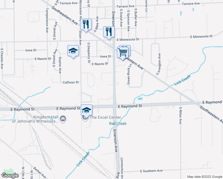 map of restaurants, bars, coffee shops, grocery stores, and more near 2118 South Emerson Avenue in Indianapolis