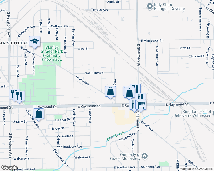 map of restaurants, bars, coffee shops, grocery stores, and more near 3506 Bethel Avenue in Indianapolis
