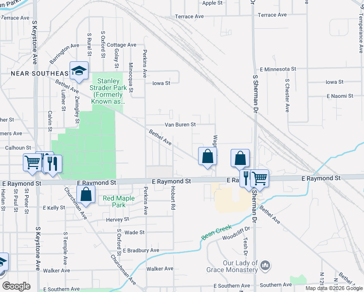 map of restaurants, bars, coffee shops, grocery stores, and more near 3325 Bethel Avenue in Indianapolis
