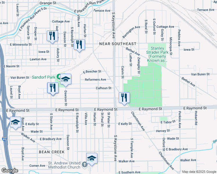 map of restaurants, bars, coffee shops, grocery stores, and more near 2313 Calhoun Street in Indianapolis