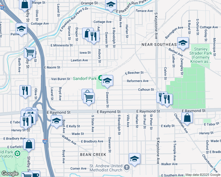 map of restaurants, bars, coffee shops, grocery stores, and more near 2020 Dawson Street in Indianapolis