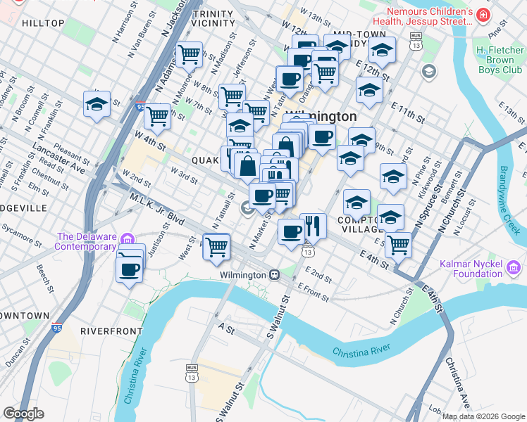 map of restaurants, bars, coffee shops, grocery stores, and more near 306 North Shipley Street in Wilmington