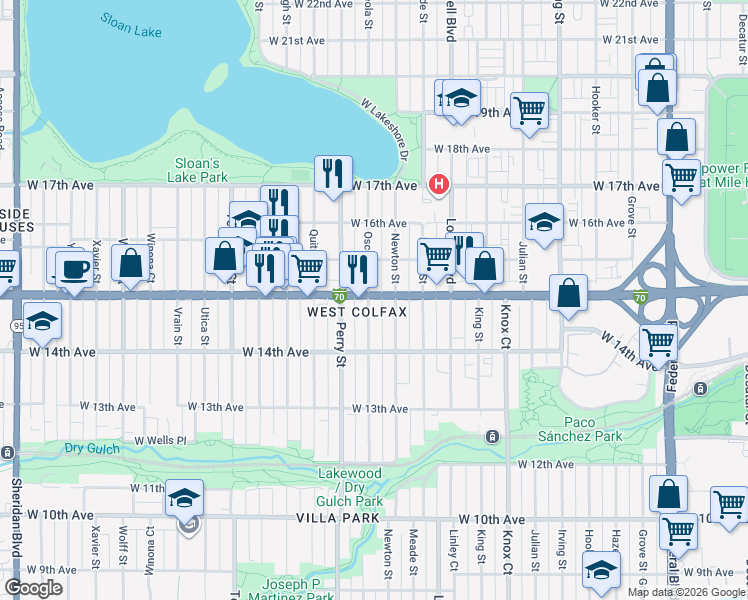 map of restaurants, bars, coffee shops, grocery stores, and more near 3890 West Colfax Avenue in Denver