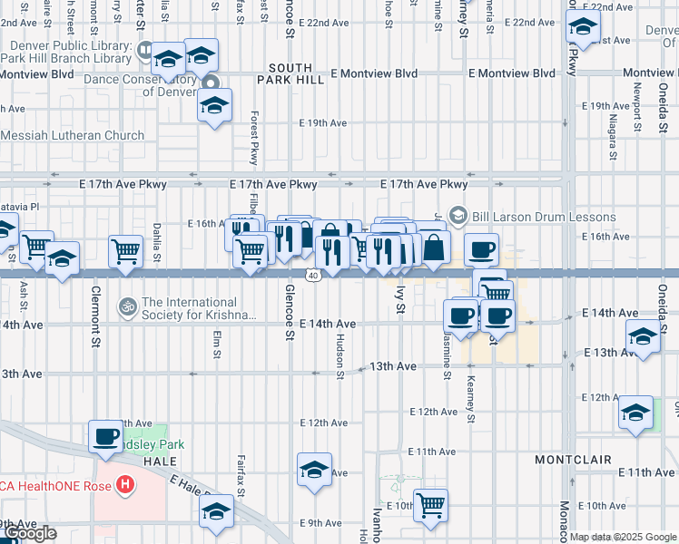 map of restaurants, bars, coffee shops, grocery stores, and more near East Colfax Avenue & Hudson Street in Denver