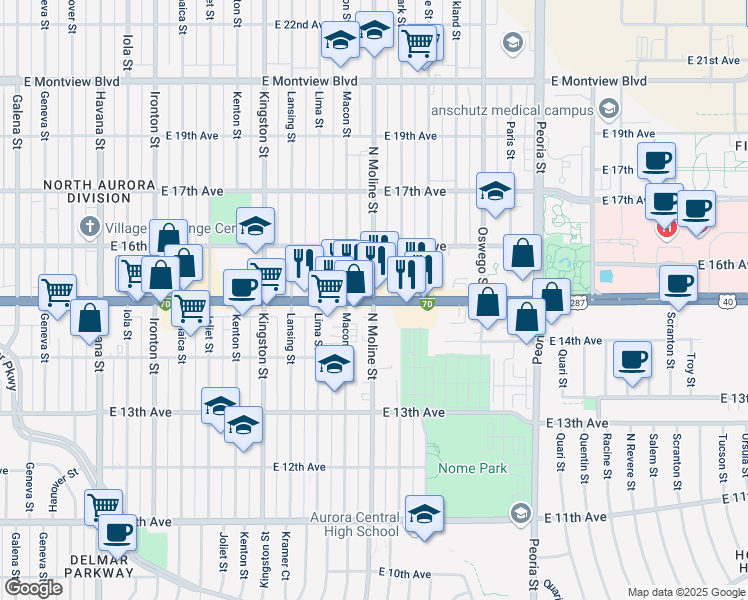 map of restaurants, bars, coffee shops, grocery stores, and more near E Colfax Ave & Moline St in Aurora