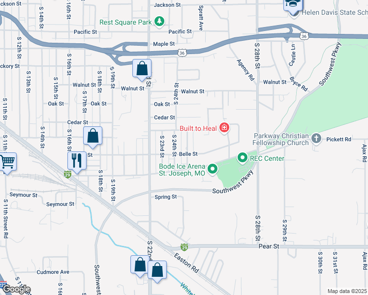 map of restaurants, bars, coffee shops, grocery stores, and more near 2803 South 24th Street in Saint Joseph