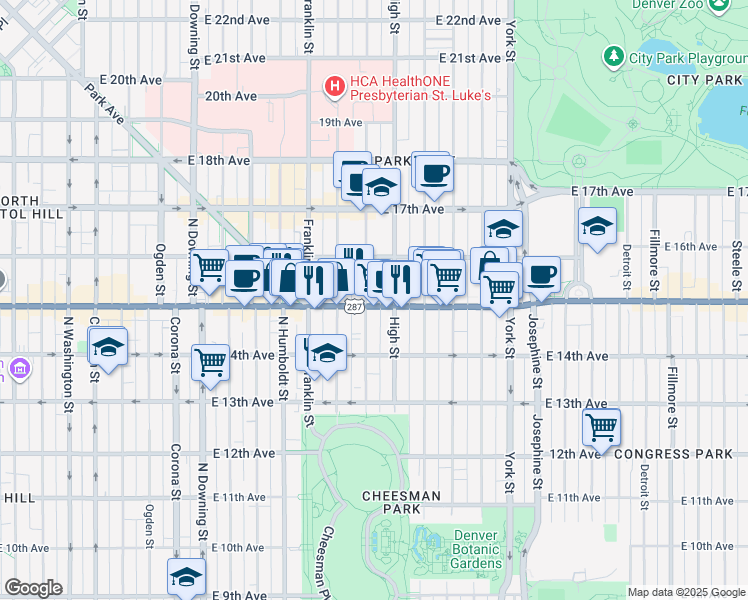 map of restaurants, bars, coffee shops, grocery stores, and more near in Denver