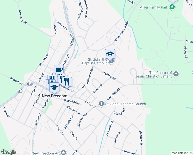 map of restaurants, bars, coffee shops, grocery stores, and more near 16043 Sherwin Court in New Freedom