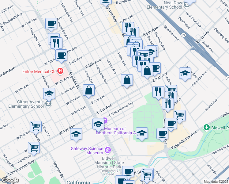 map of restaurants, bars, coffee shops, grocery stores, and more near 1168 Laburnum Avenue in Chico