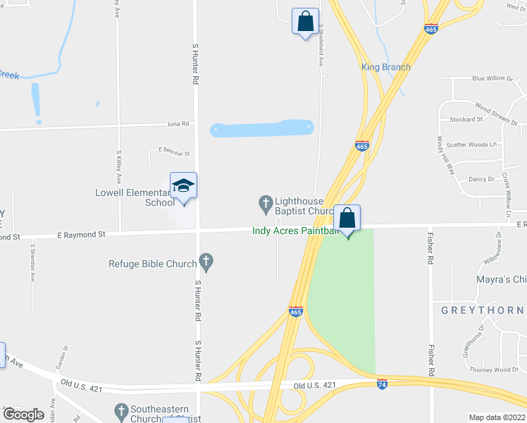 map of restaurants, bars, coffee shops, grocery stores, and more near 6950 East Raymond Street in Indianapolis
