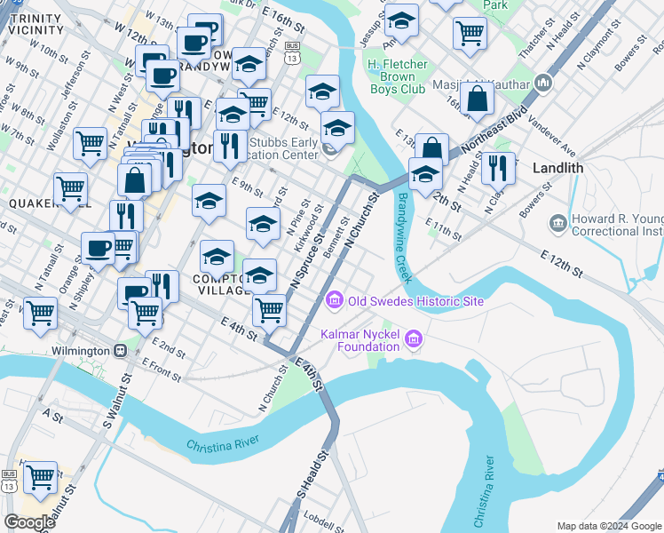 map of restaurants, bars, coffee shops, grocery stores, and more near 813 North Church Street in Wilmington