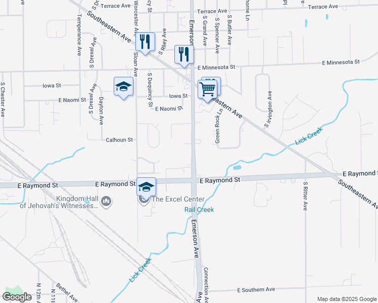 map of restaurants, bars, coffee shops, grocery stores, and more near 2118 South Emerson Avenue in Indianapolis