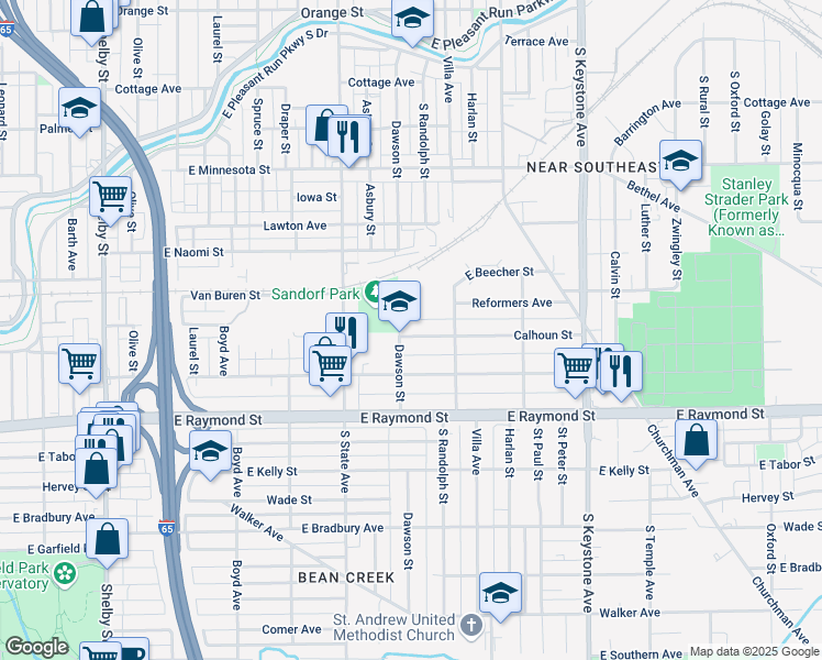 map of restaurants, bars, coffee shops, grocery stores, and more near 2020 Dawson Street in Indianapolis