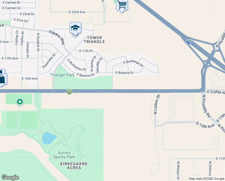 map of restaurants, bars, coffee shops, grocery stores, and more near E Colfax Ave & Himalaya St in Aurora
