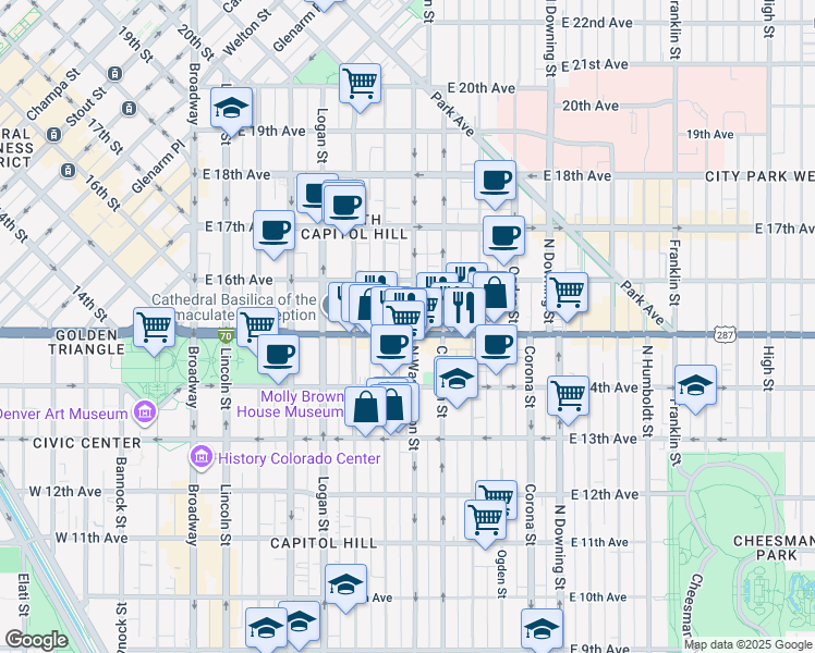 map of restaurants, bars, coffee shops, grocery stores, and more near 1433 North Washington Street in Denver
