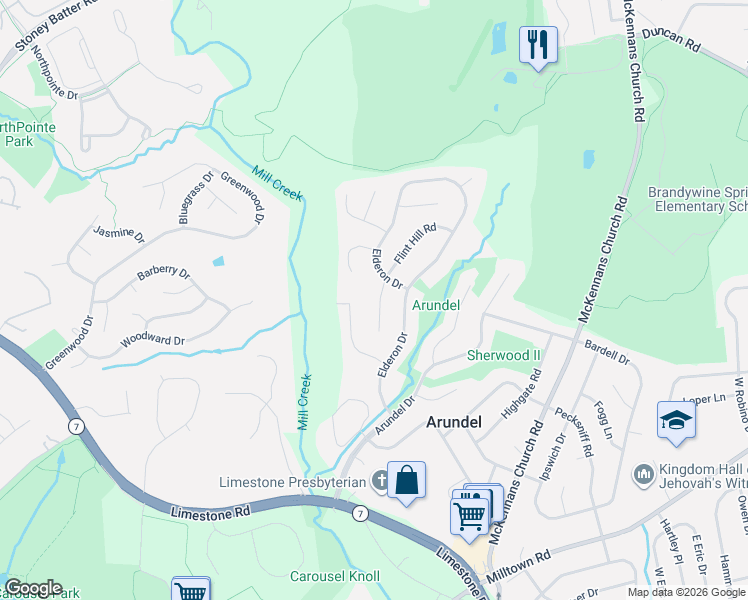 map of restaurants, bars, coffee shops, grocery stores, and more near 1120 Flint Hill Road in Wilmington