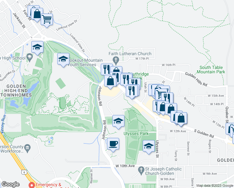 map of restaurants, bars, coffee shops, grocery stores, and more near 17603 Lunnonhaus Drive in Golden