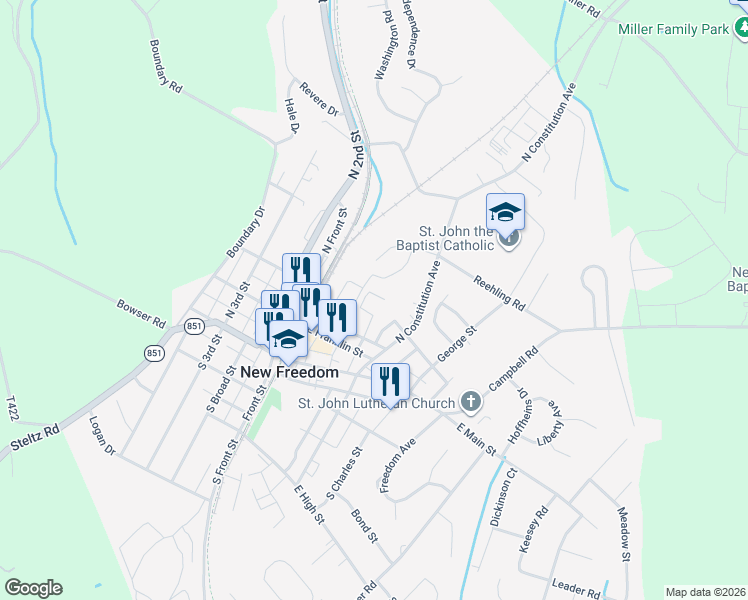 map of restaurants, bars, coffee shops, grocery stores, and more near 146 Springwood Drive in New Freedom