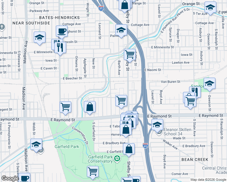 map of restaurants, bars, coffee shops, grocery stores, and more near 1015 Vesper Place in Indianapolis