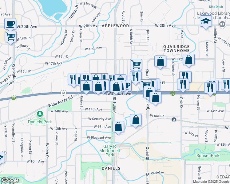 map of restaurants, bars, coffee shops, grocery stores, and more near West Colfax Avenue & Simms Street in Lakewood