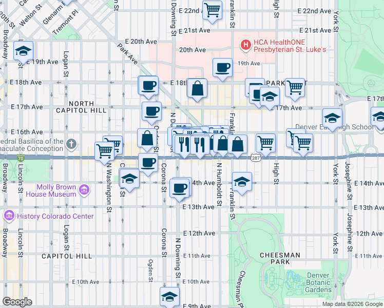 map of restaurants, bars, coffee shops, grocery stores, and more near 1555 Lafayette Street in Denver
