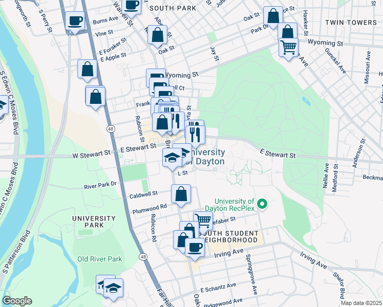 map of restaurants, bars, coffee shops, grocery stores, and more near 300 College Park in Dayton
