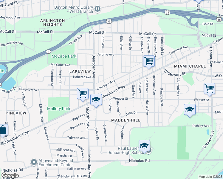 map of restaurants, bars, coffee shops, grocery stores, and more near 2525 Germantown Street in Dayton