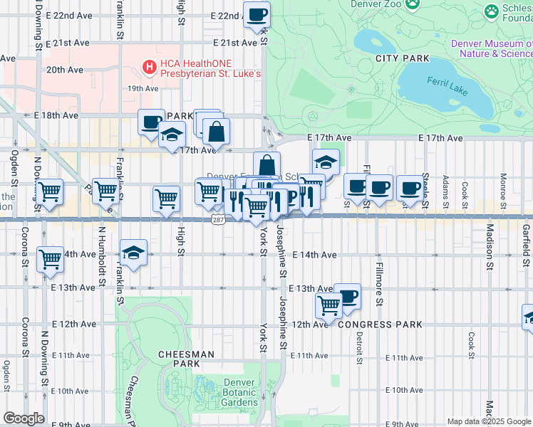 map of restaurants, bars, coffee shops, grocery stores, and more near 1544 York Street in Denver