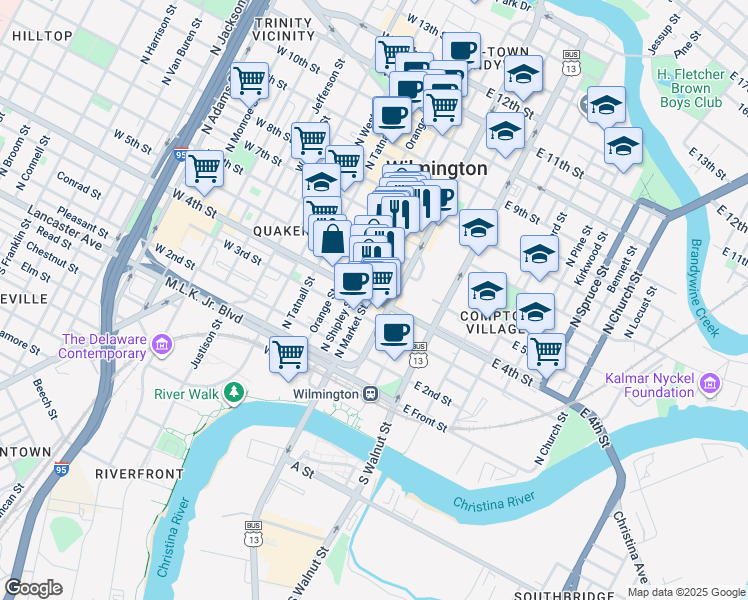 map of restaurants, bars, coffee shops, grocery stores, and more near 372 North Market Street in Wilmington