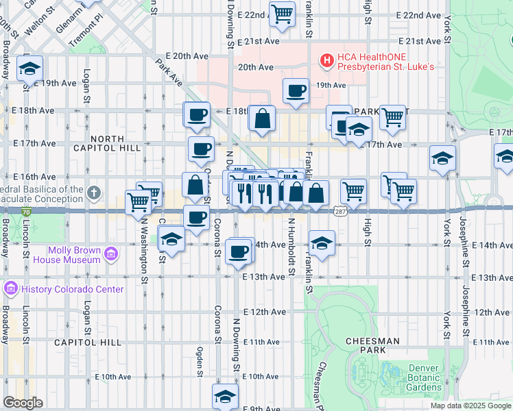 map of restaurants, bars, coffee shops, grocery stores, and more near 1555 Lafayette Street in Denver