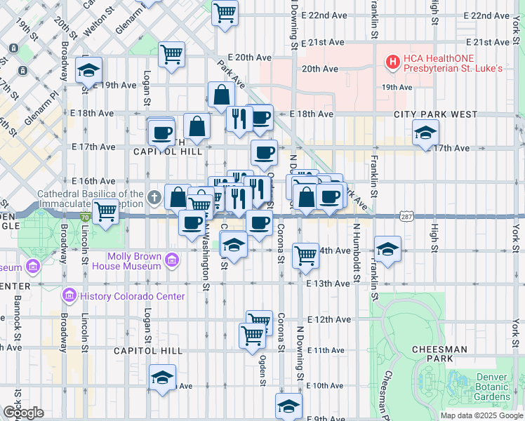 map of restaurants, bars, coffee shops, grocery stores, and more near 935 East Colfax Avenue in Denver