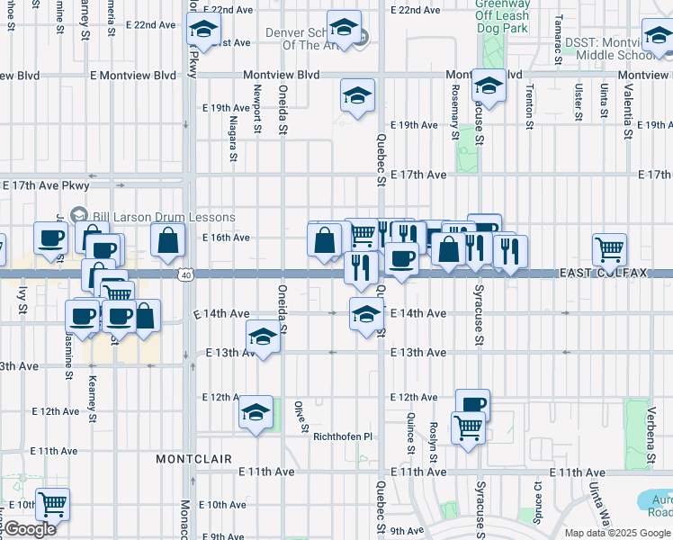 map of restaurants, bars, coffee shops, grocery stores, and more near 1544 Pontiac Street in Denver