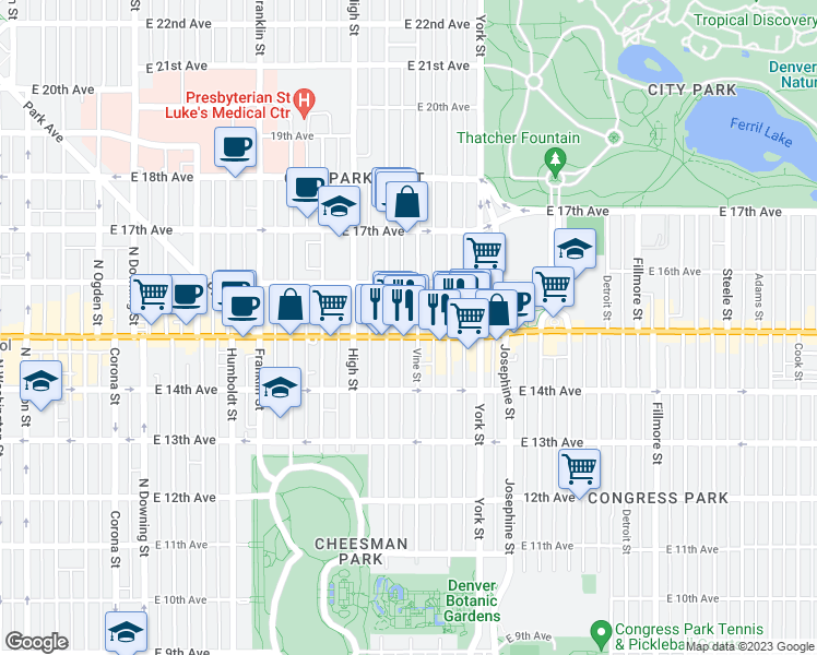 map of restaurants, bars, coffee shops, grocery stores, and more near 1555 Vine Street in Denver