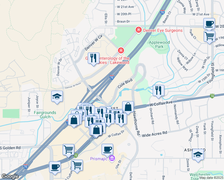 map of restaurants, bars, coffee shops, grocery stores, and more near Interstate 70 in Lakewood