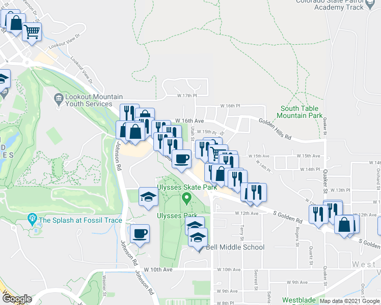 map of restaurants, bars, coffee shops, grocery stores, and more near 17217 West 15th Avenue in Golden