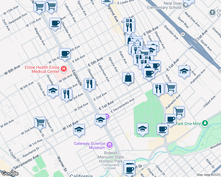 map of restaurants, bars, coffee shops, grocery stores, and more near 1232 Laburnum Avenue in Chico
