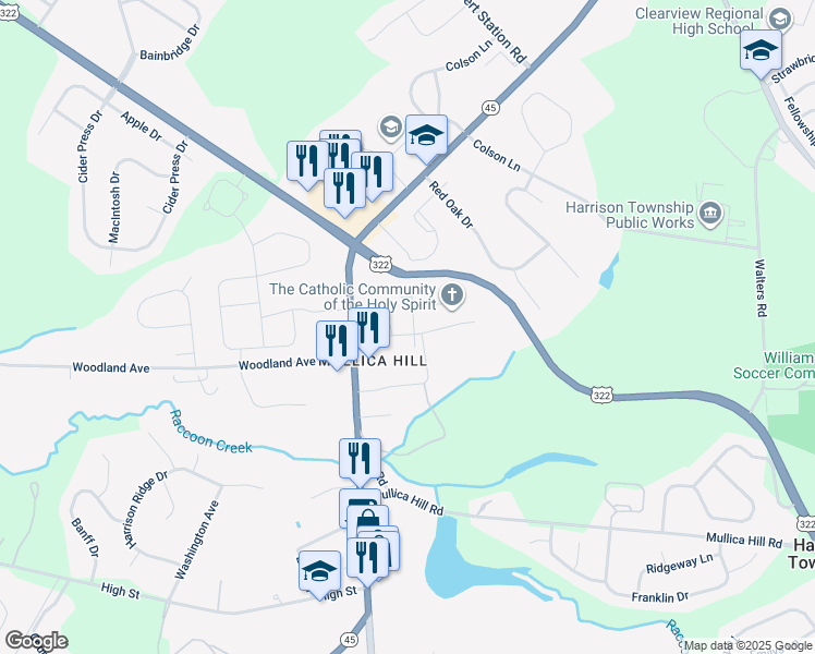 map of restaurants, bars, coffee shops, grocery stores, and more near 3 Earlington Avenue in Mullica Hill