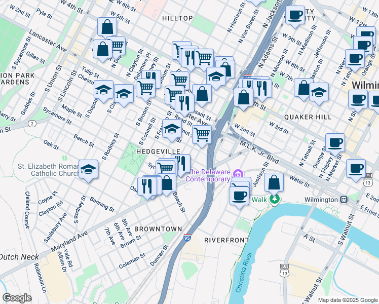 map of restaurants, bars, coffee shops, grocery stores, and more near 201 Porter Street in Wilmington