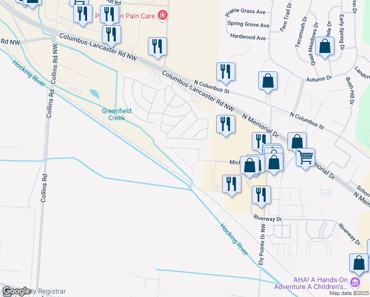 map of restaurants, bars, coffee shops, grocery stores, and more near 2445 Columbus-Lancaster Road Northwest in Lancaster