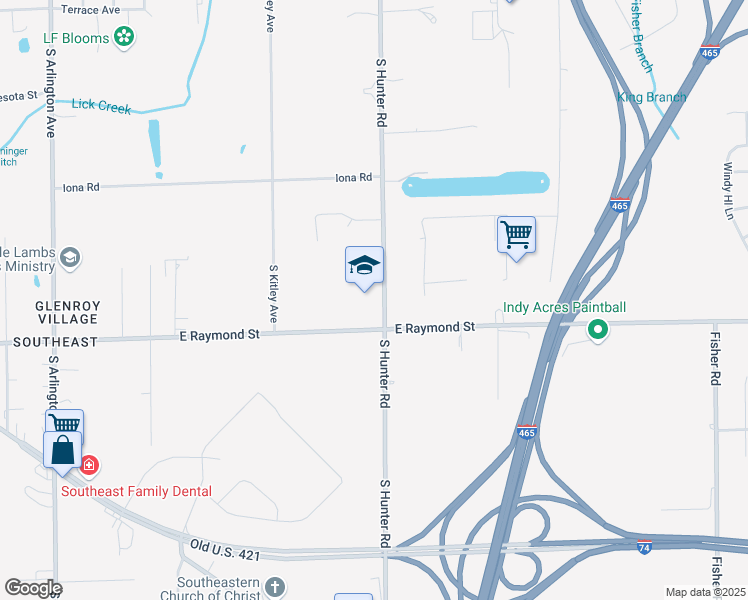 map of restaurants, bars, coffee shops, grocery stores, and more near 2150 South Hunter Road in Indianapolis