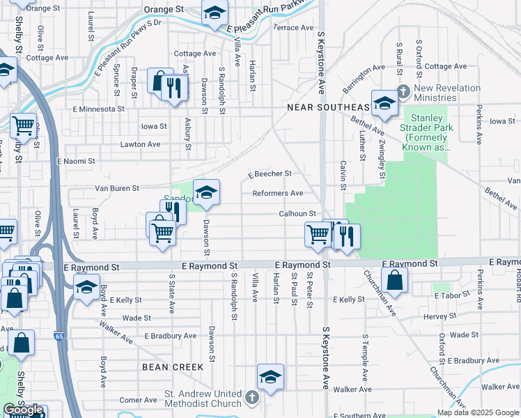 map of restaurants, bars, coffee shops, grocery stores, and more near 2014 Reformers Avenue in Indianapolis
